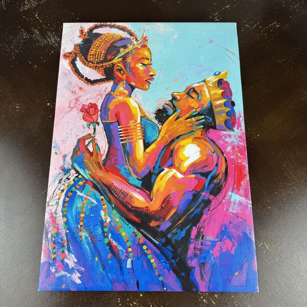 Ikenna C Print On Canvas 13.5x20 “African King And Queen” Wooden Frame & Hanger